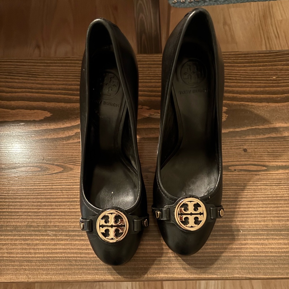 Tory Burch Black Heels with Gold Logo